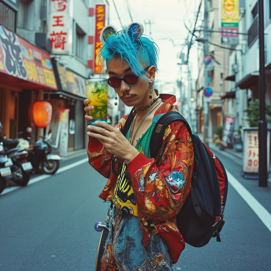 Blue Haired Man Skateboarding Japanese Street