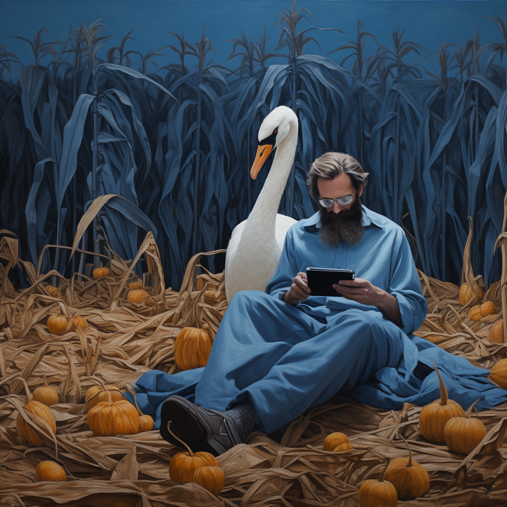 Hairy swan reading on tarpaulin