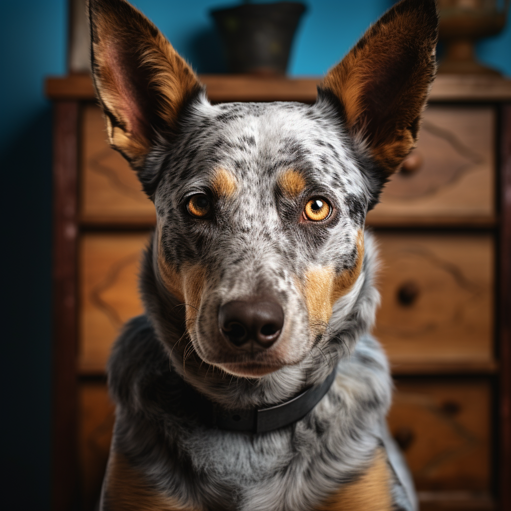 Cute blue heeler dog in house