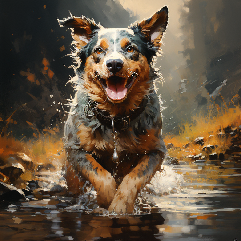 Blue Heeler Dog playing in stream with trout fishing