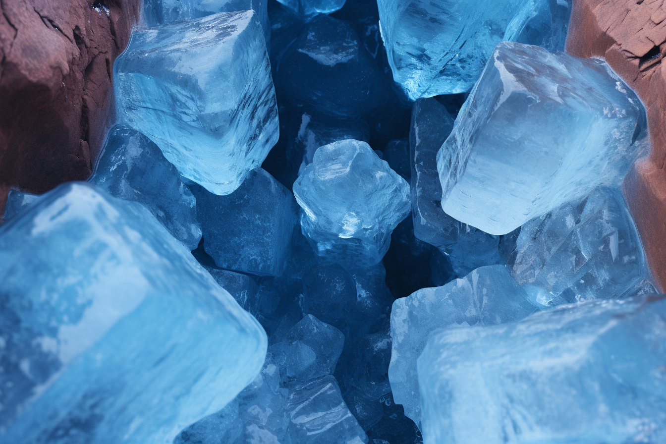 A block of blue ice in a red rocks desert