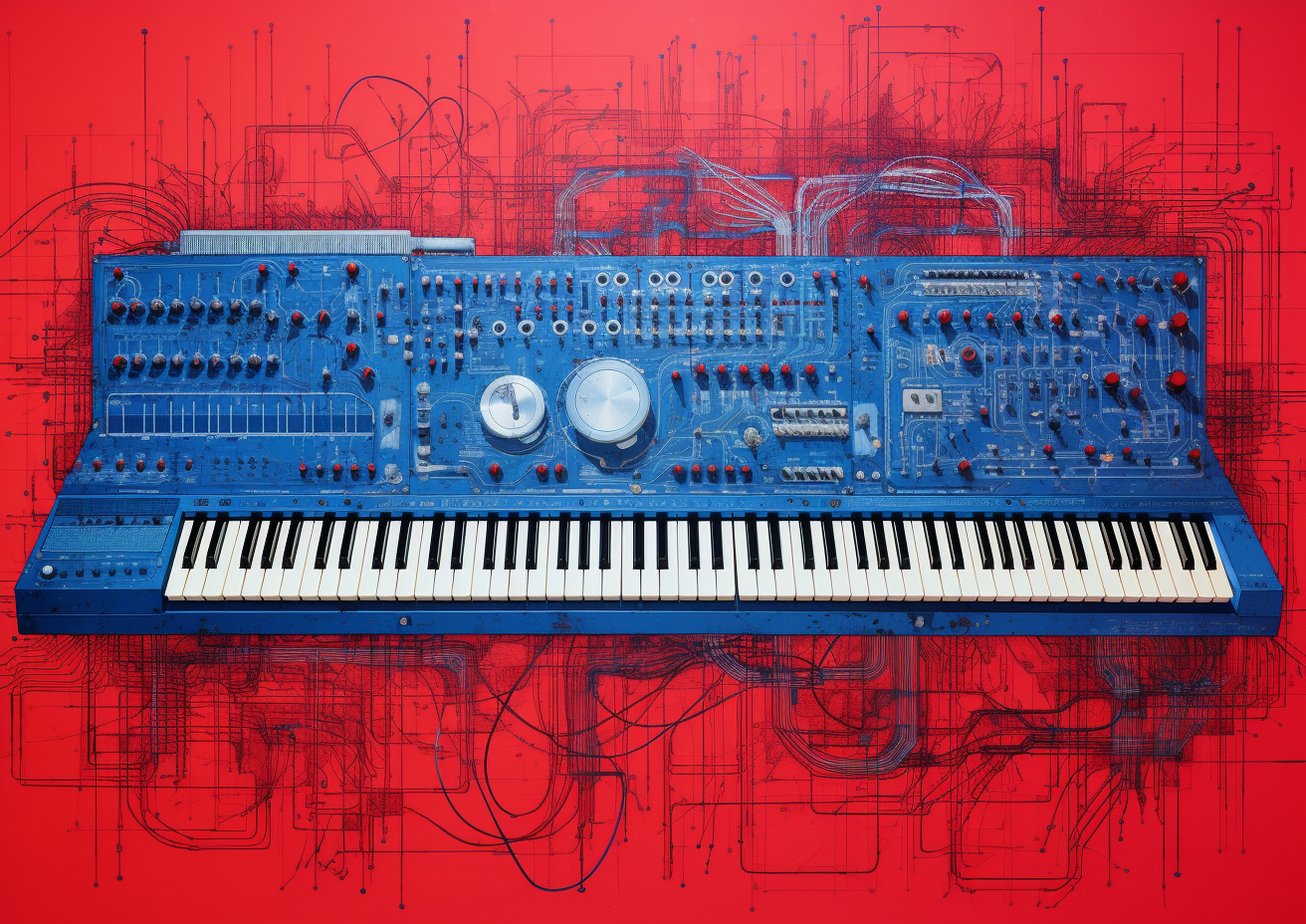 Blue ink on red background synthesizer schematic