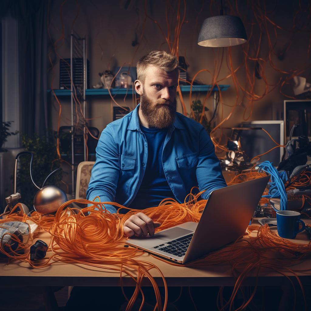 Smiling man in blue jacket working on computer