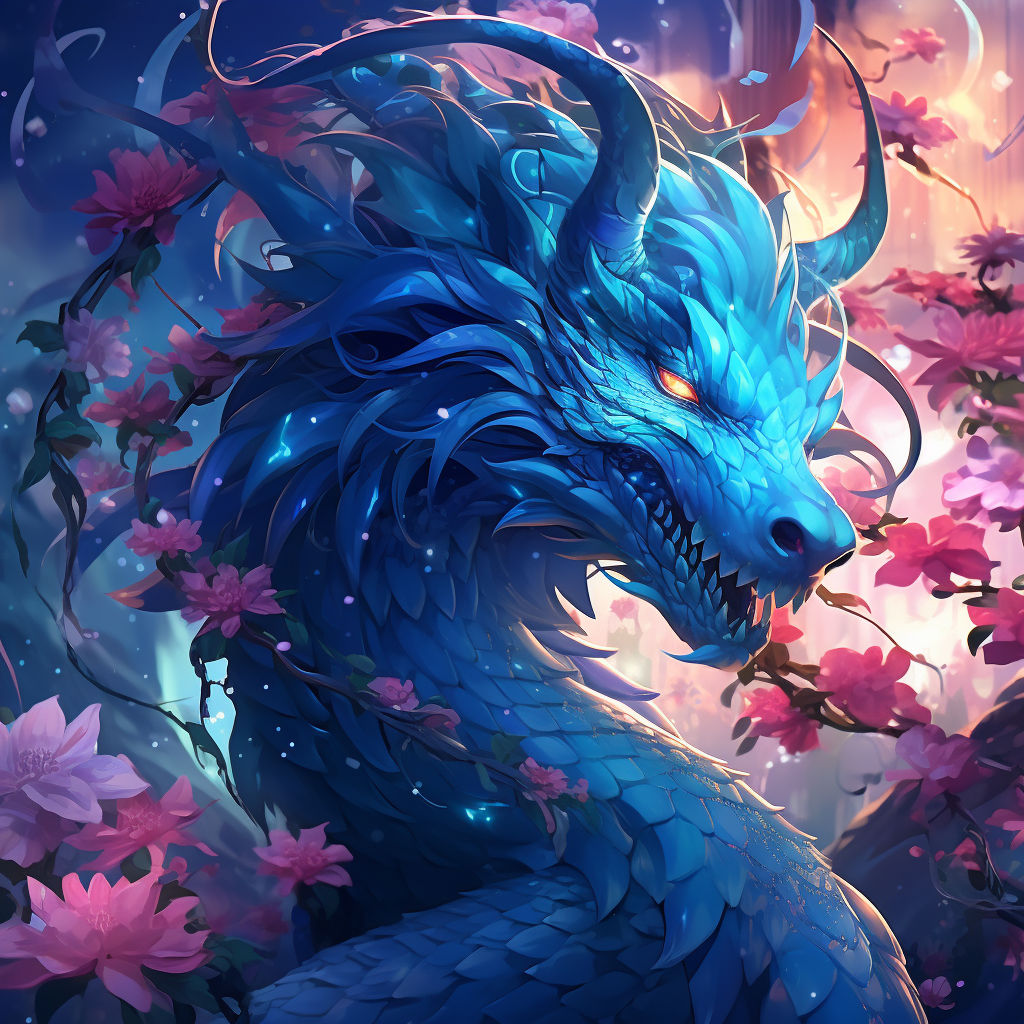 Cute blue Japanese dragon in 2D anime style