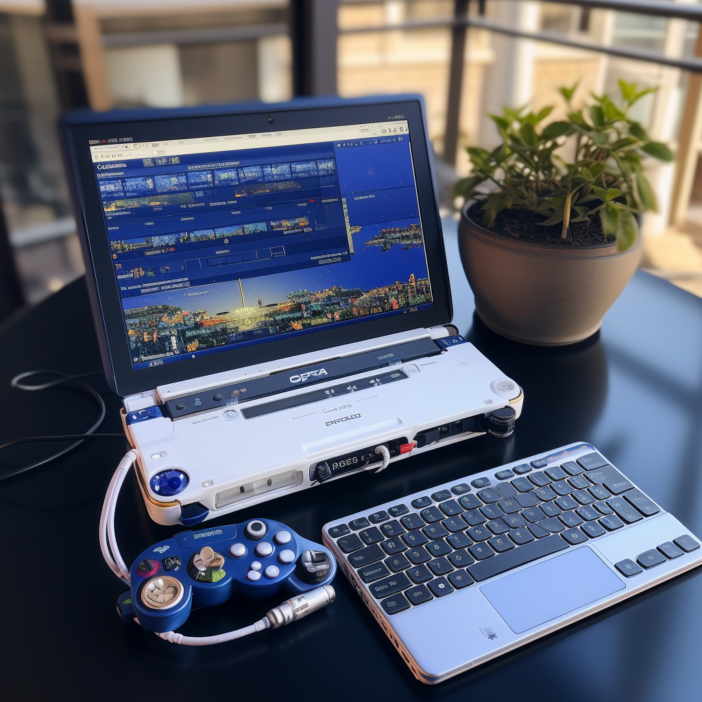 Gaming devices on a blue laptop table