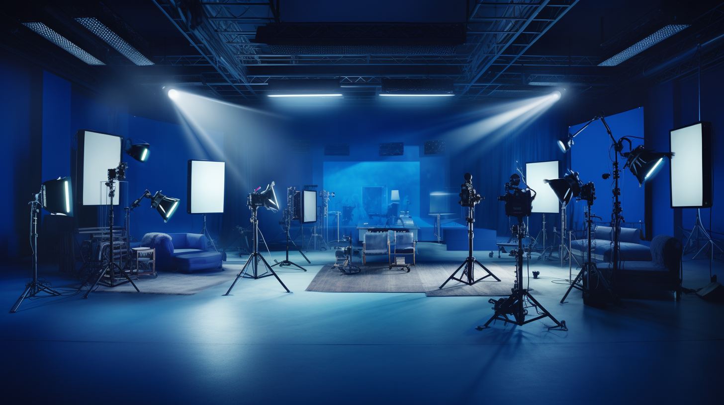 Professional photo studio with blue lights and camera lens