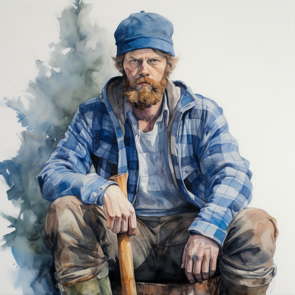 Blue lumberjack with pale blue skin in watercolor