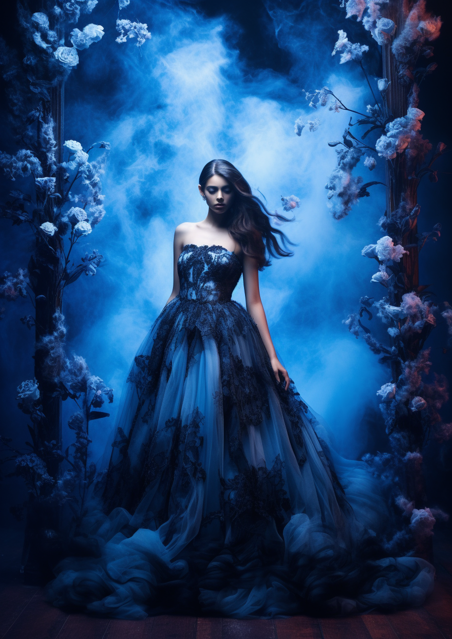 Gorgeous woman surrounded by blue luminescent frame and dark smoke flowers