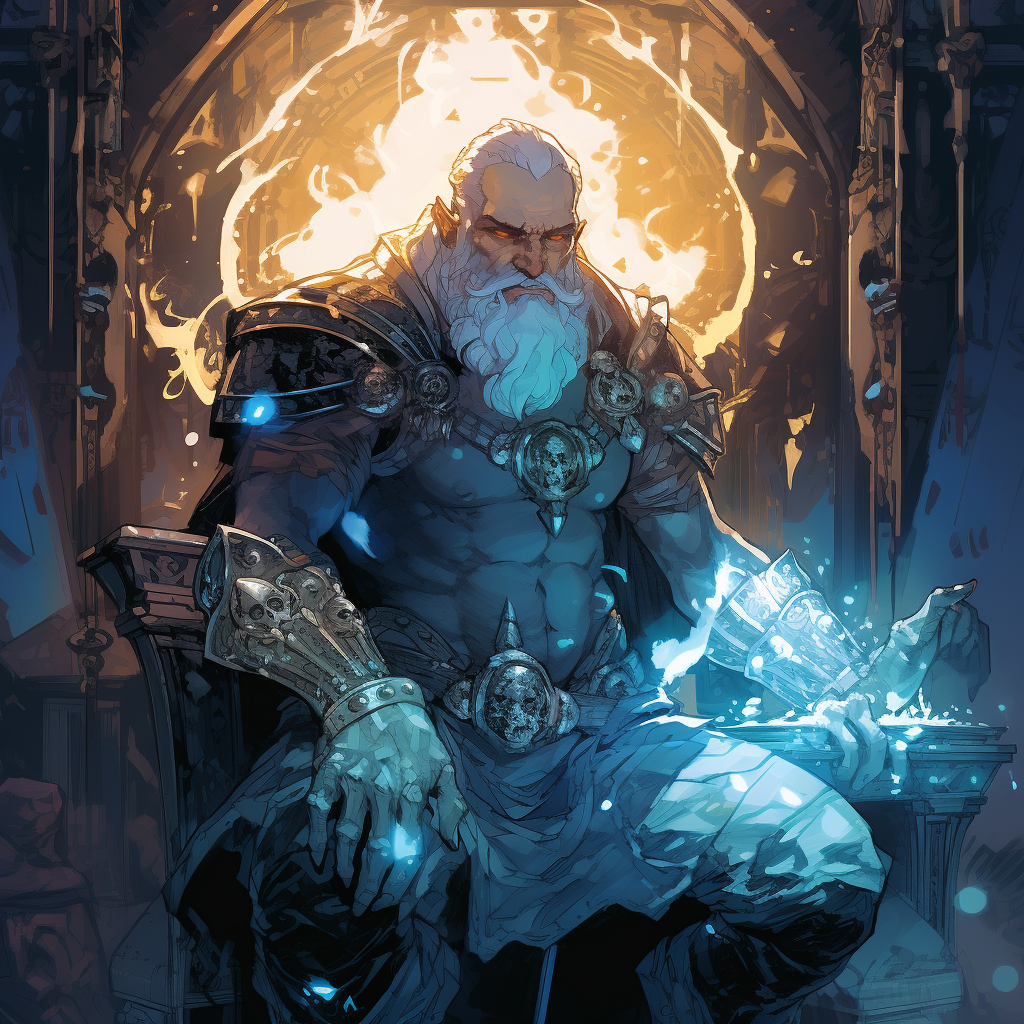 Illustration of a powerful dwarven king with blue magic