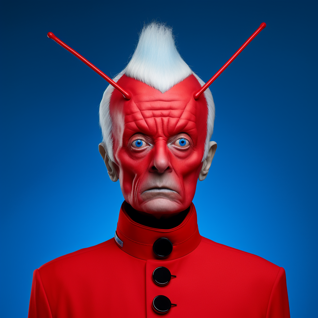 Blue man with white hair and insect antennae in red uniform