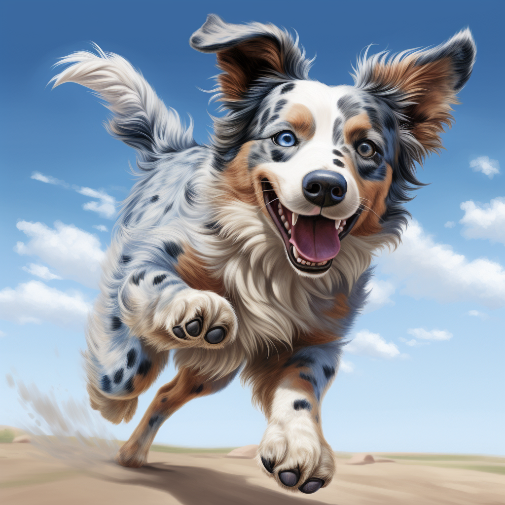 Adorable blue merle Australian Shepherd running freely