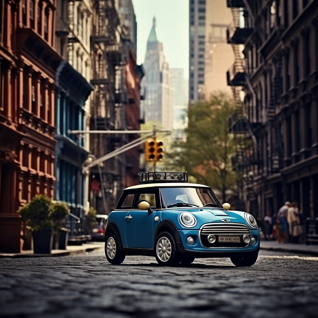 Blue mini cooper driving through the city