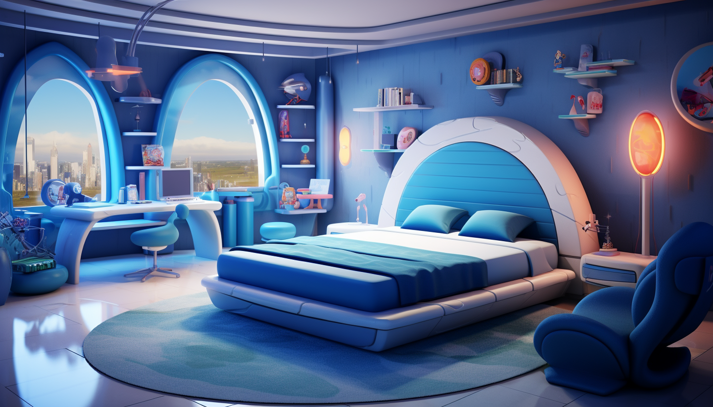 Blue modern bedroom furniture in 3D cartoon style