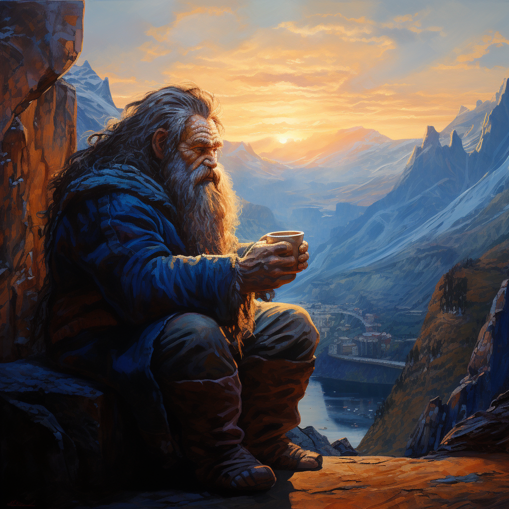 Blue mountain dwarf drinks coffee at sunrise