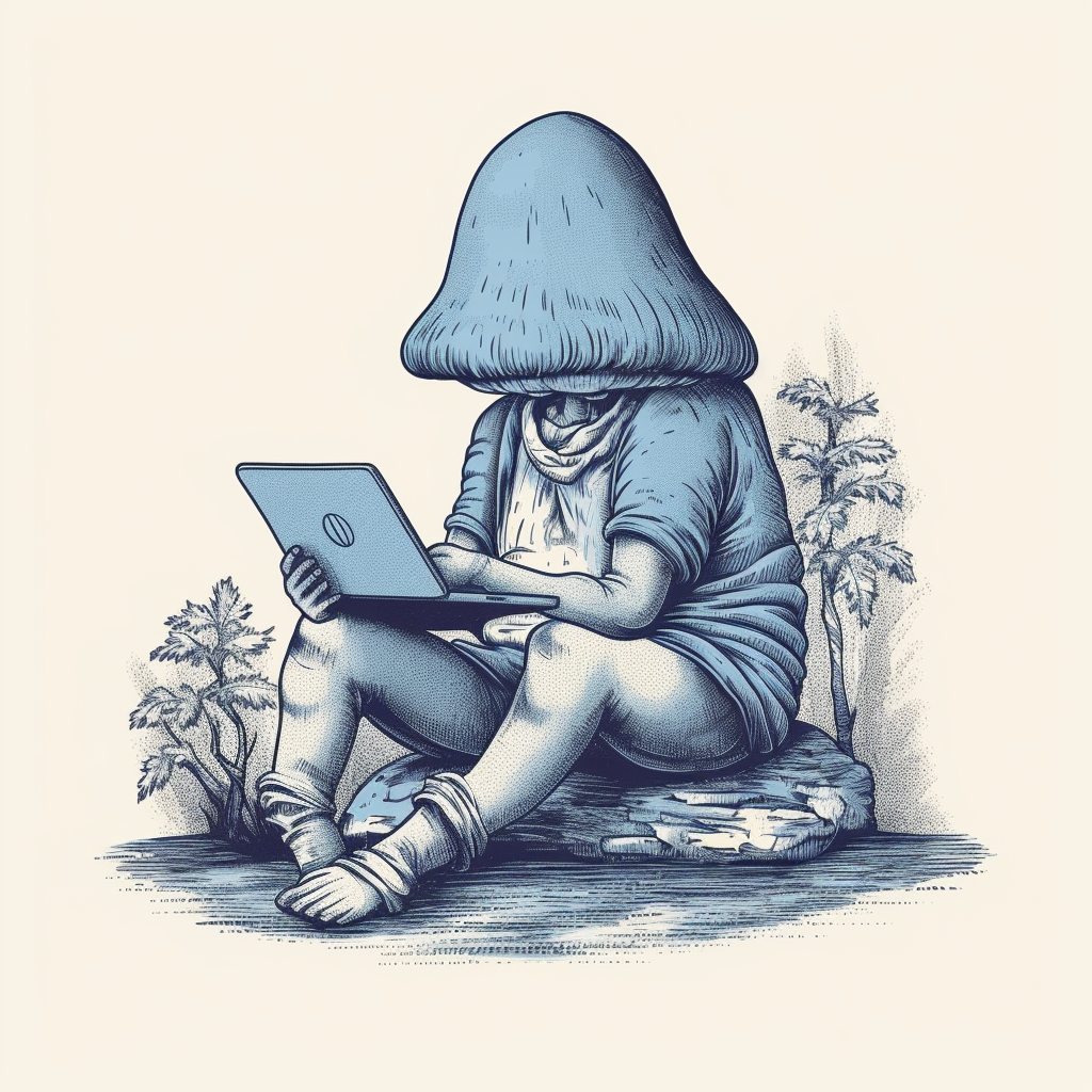 Adorable blue mushroom with laptop in lap