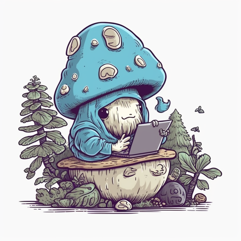 Cute blue mushroom character in cozy sweater with laptop