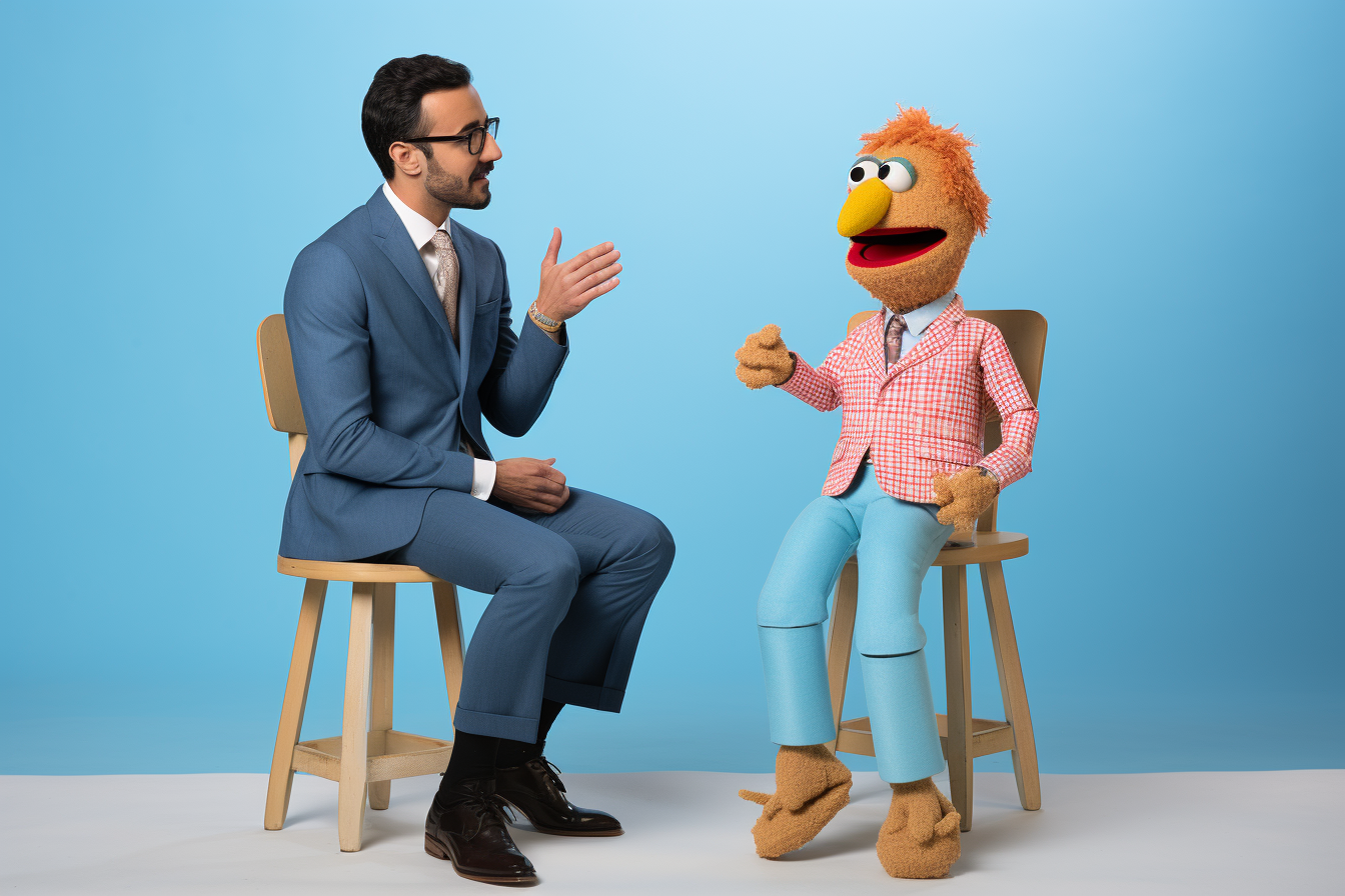 Cool man and Sesame Street doll on blue background