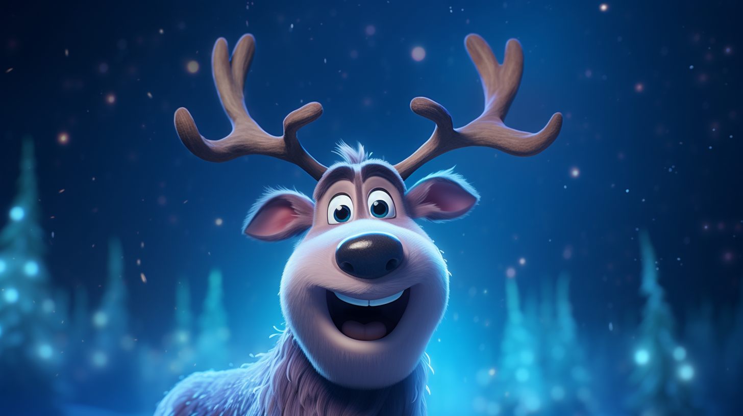 Blue nose reindeer smiling under night sky lights