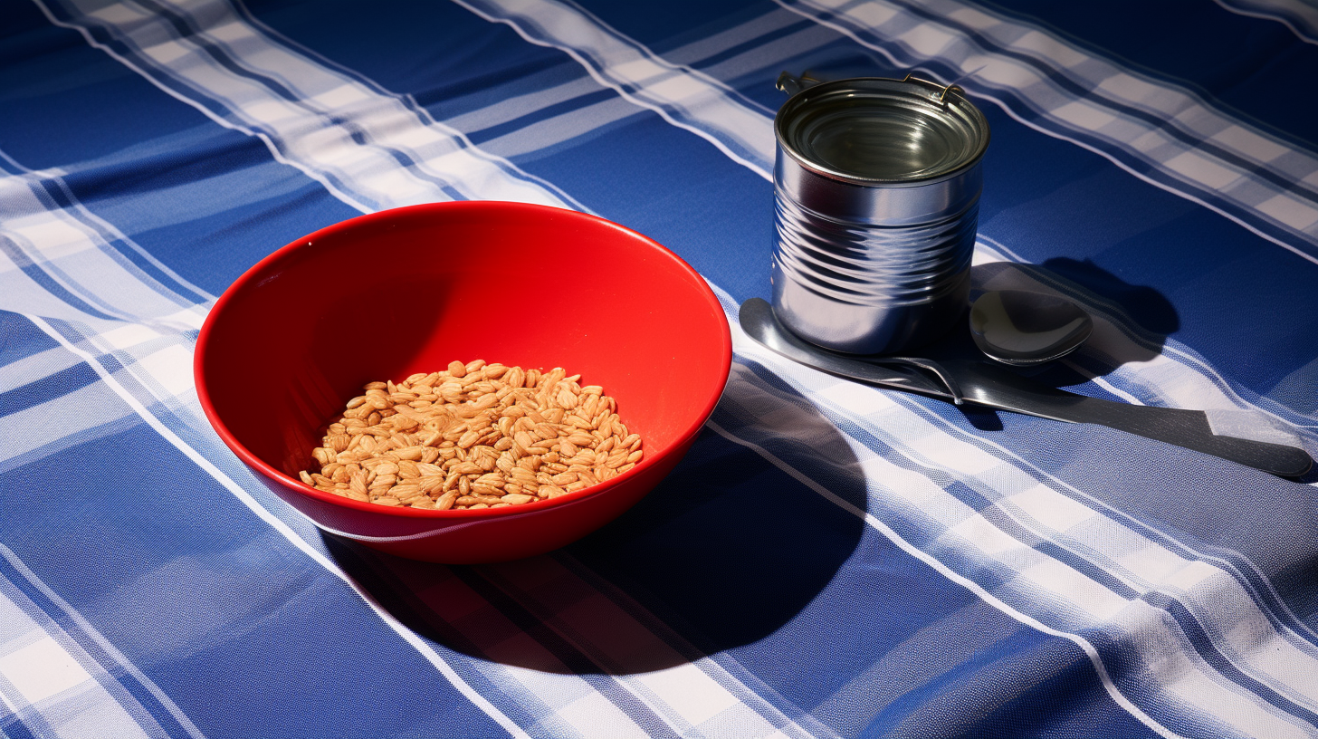 Ultramarine blue bowl of oatmeal on checker table cloth