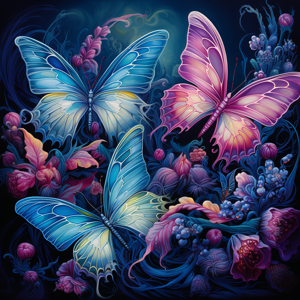 Beautiful butterflies in blue fantasy painting