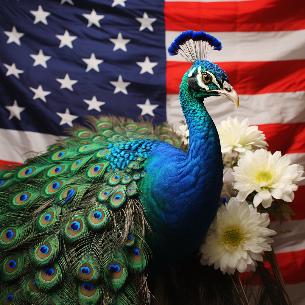 Stunning Blue Peacock with American Flag