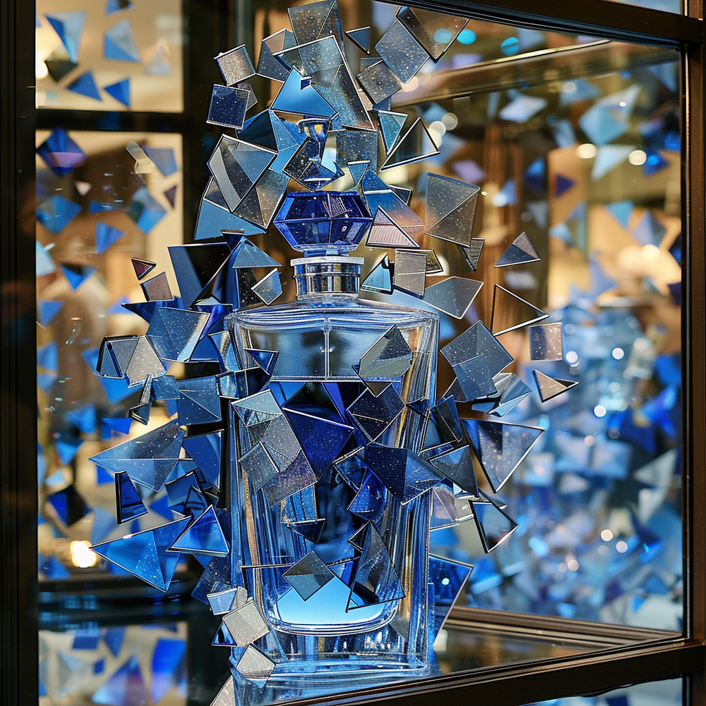 Blue perfume cubism art display