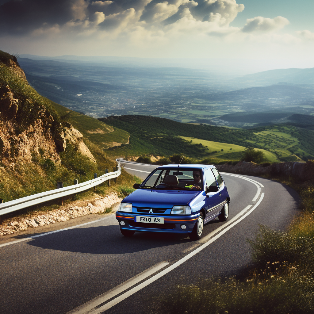 classic blue Peugeot 106 drifting on winding road