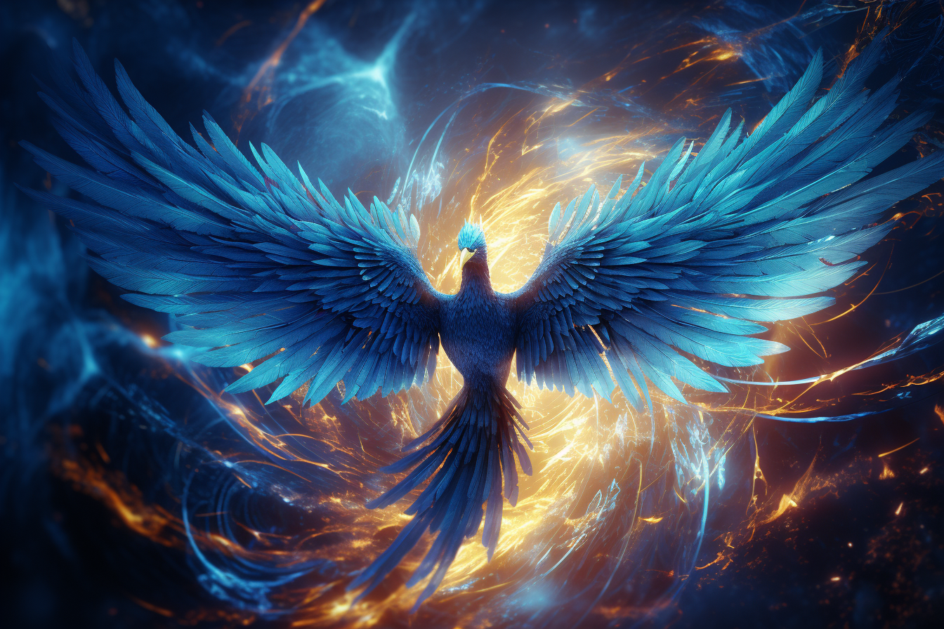 Stunning blue phoenix in a serene atmosphere