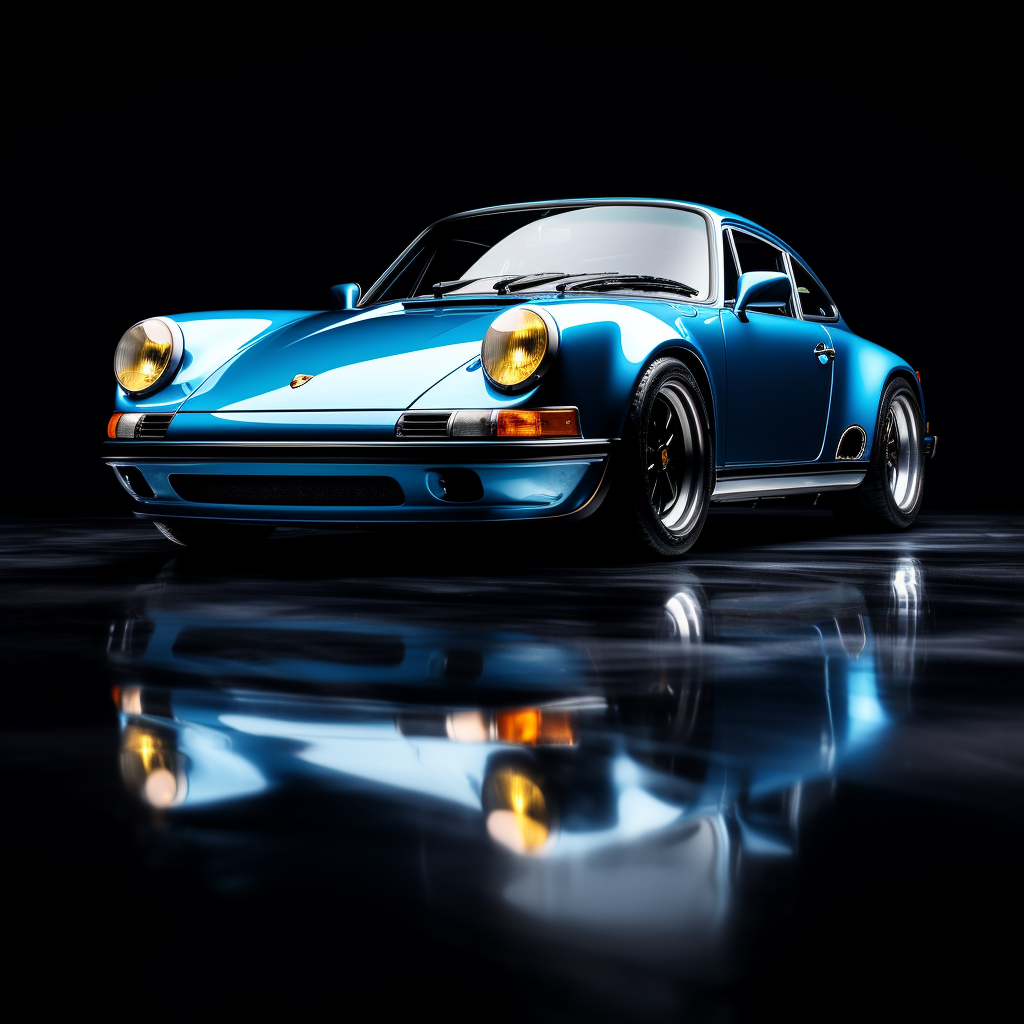 Blue Porsche reflecting on black background