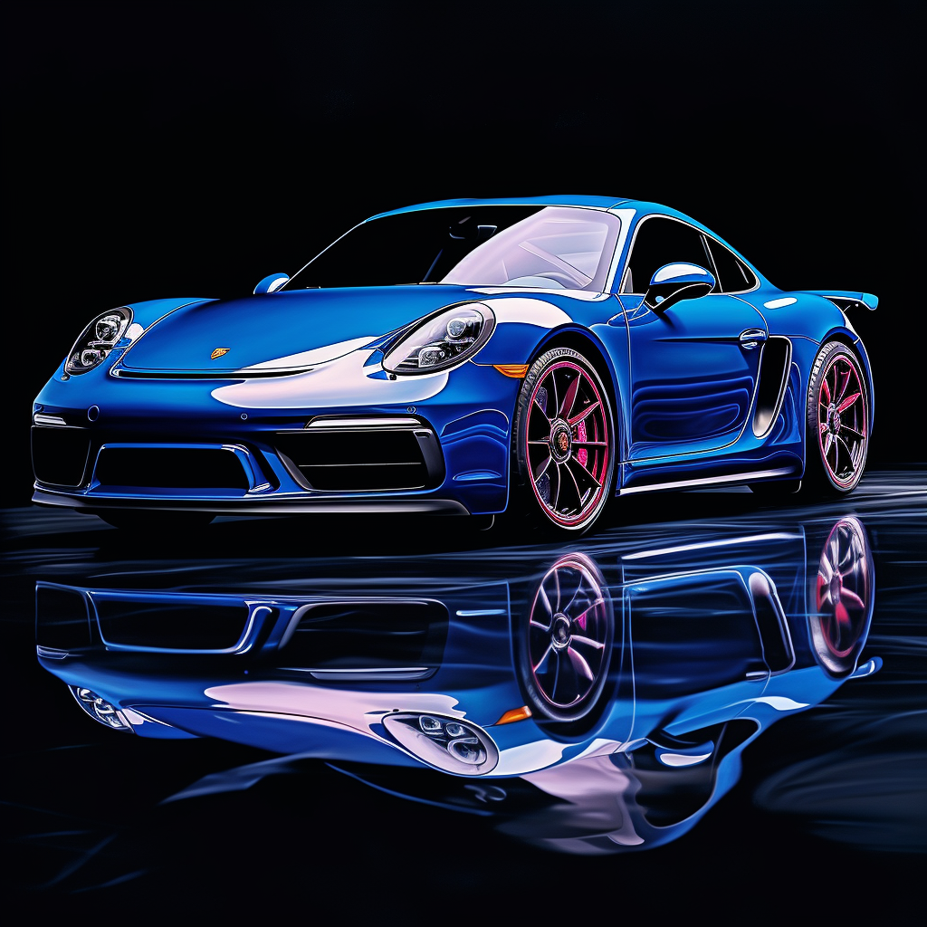 Blue Porsche with Reflection on Black Background