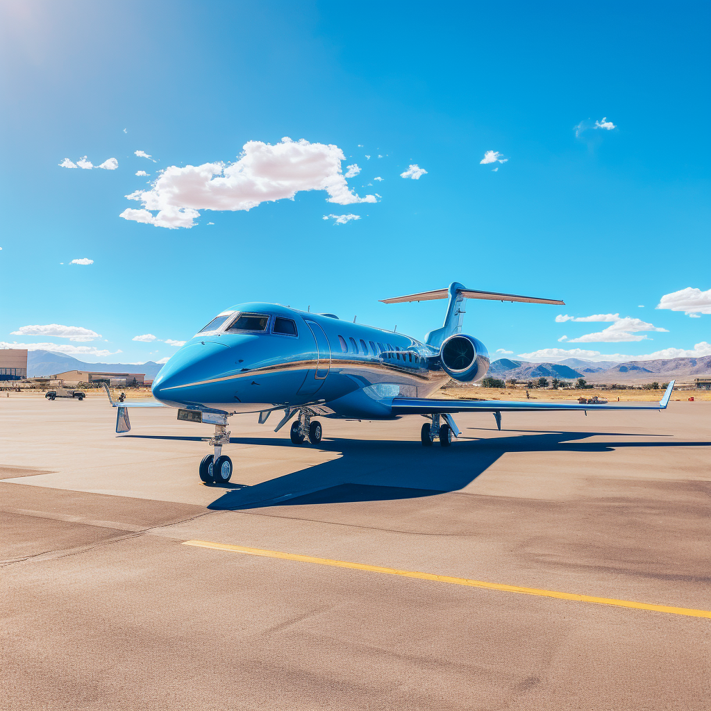 Blue private jet parked on luxury airport tarmac