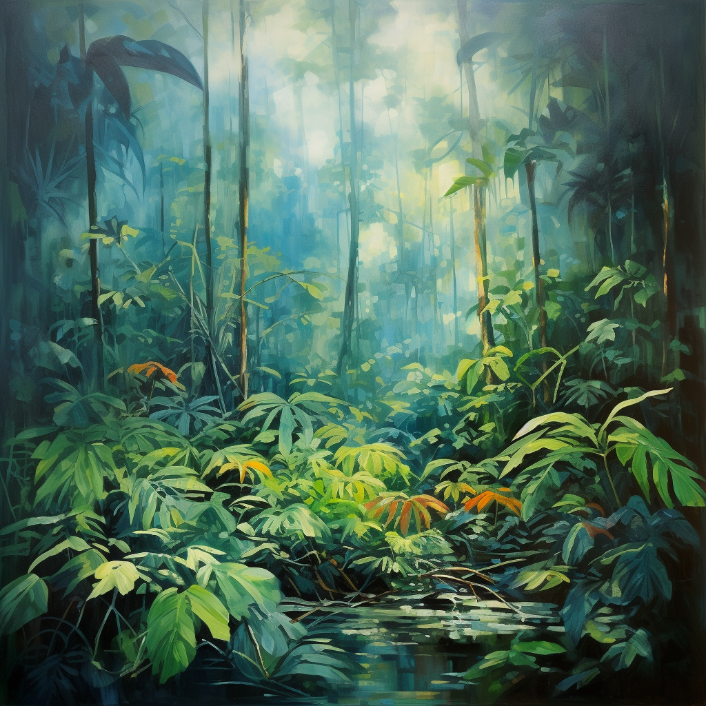 Oil painting of a blue rainforest