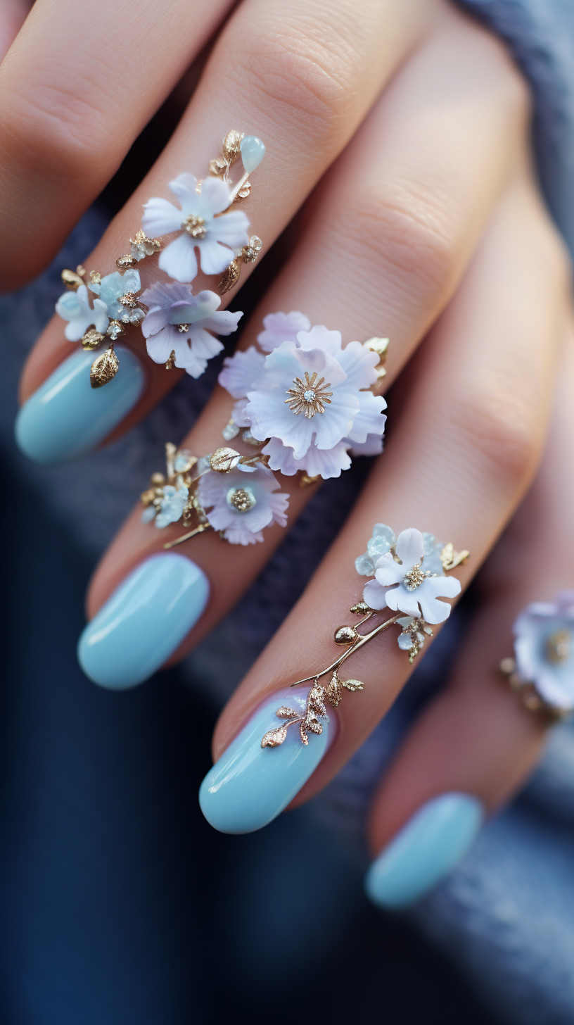 Close-up of Cutesy Pastel Blue Nail Art