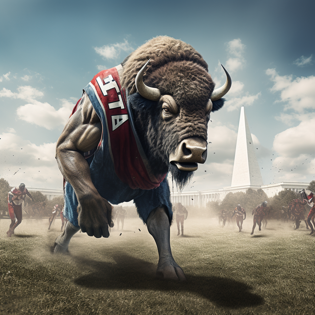 Majestic buffalo stomping on football field