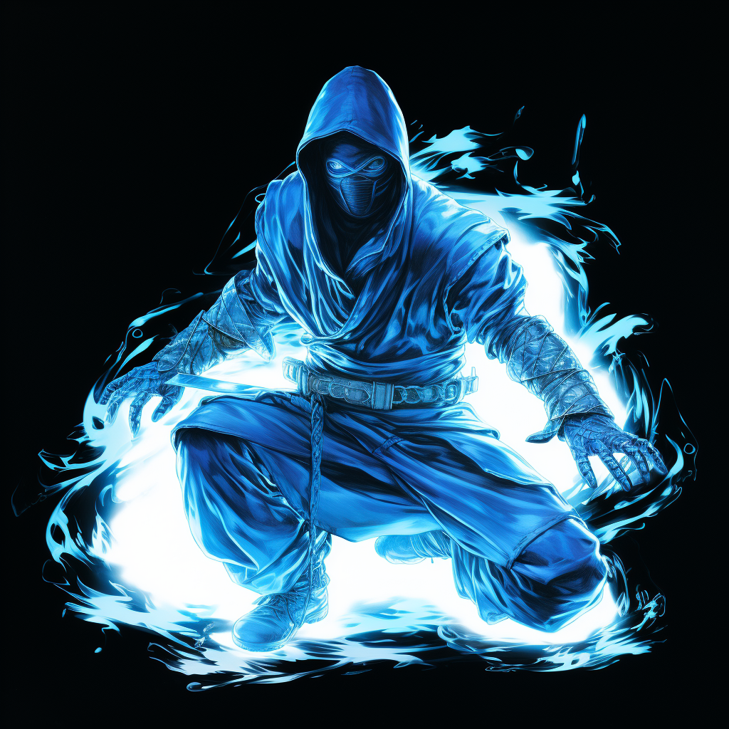 Energetic blue reflective ninja on white background