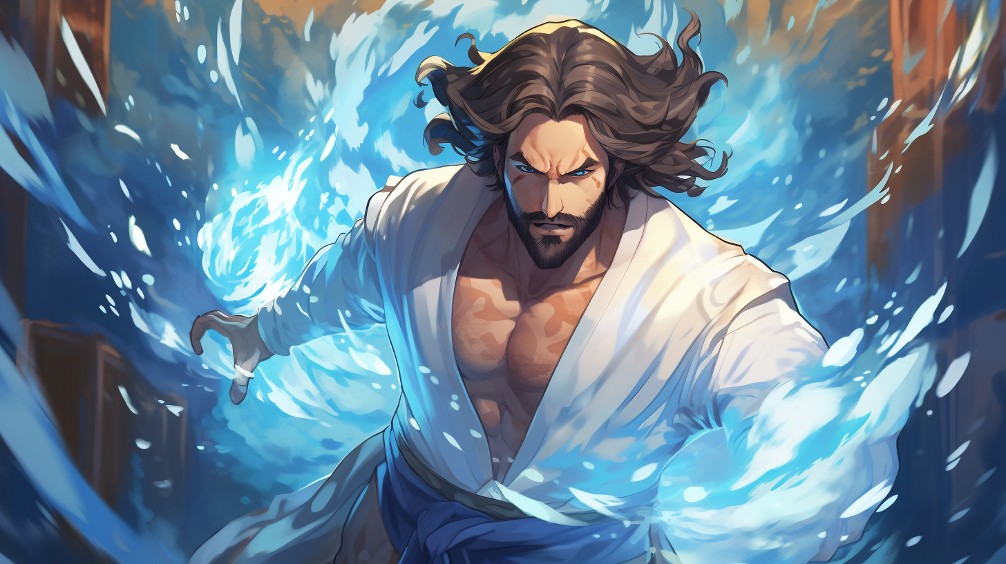 Strong male water bender in blue robes