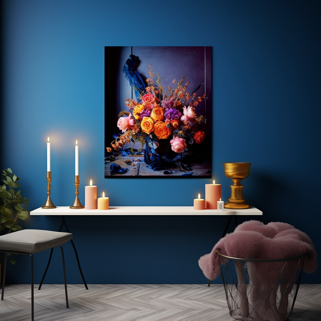 Colorful flower vase in blue room