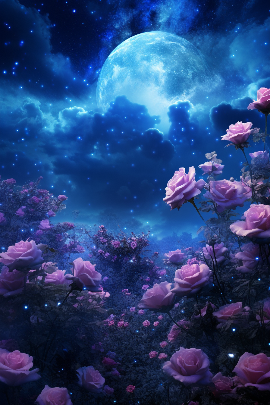 Beautiful blue rose garden under the starry sky