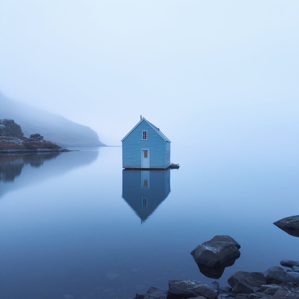 Stark blue salt box house by a calm lake