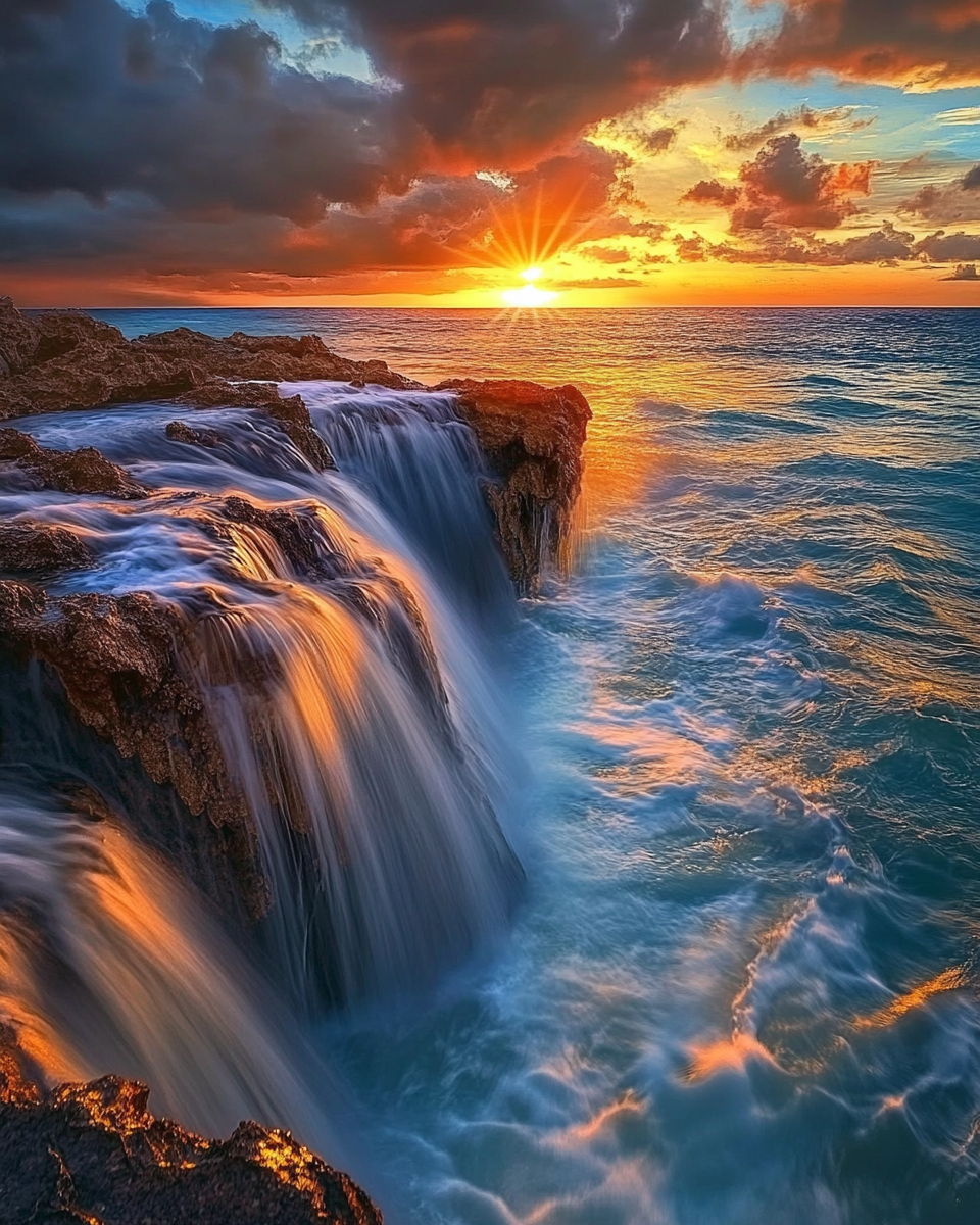 Beautiful Blue Sea Waterfall Sunset