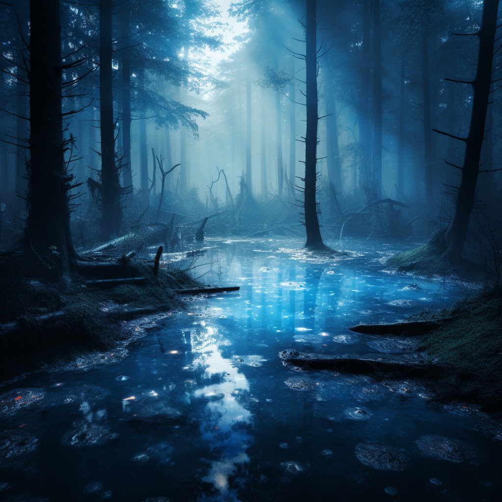 Enchanting blue ponds in a magical foggy atmosphere