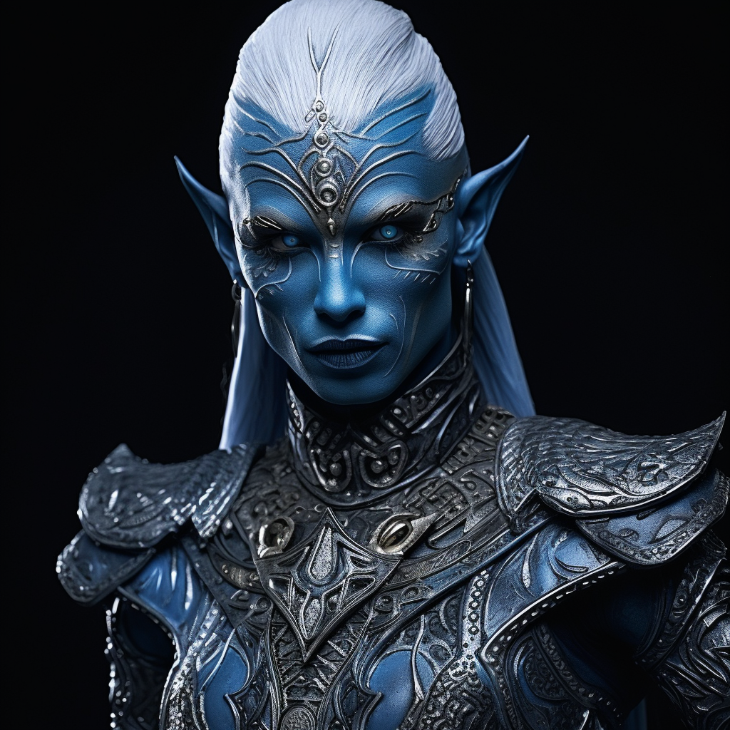 Powerful elven king with blue skin in warrior attire