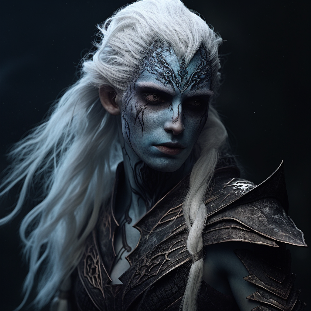 Smiling dark elf with blue skin and long white hair