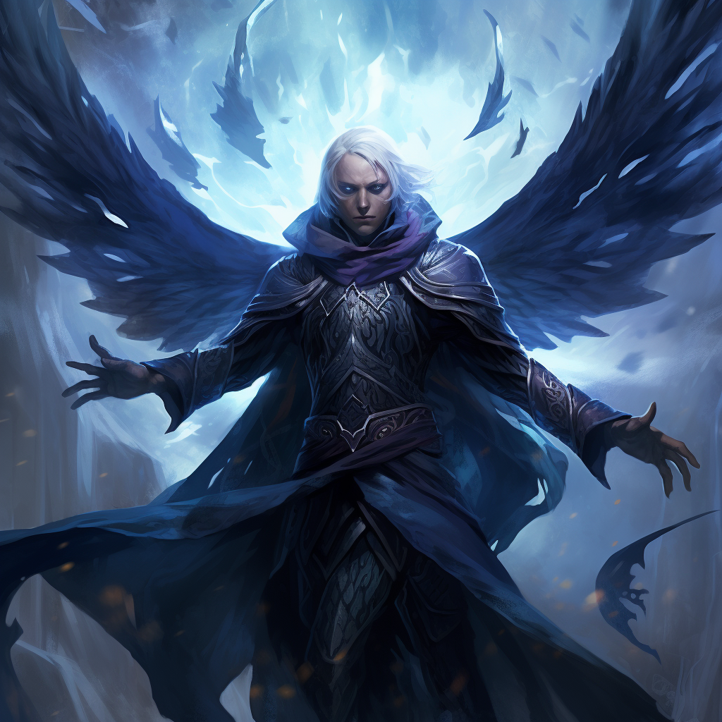 Blue-skinned drow sorcerer with magic cloak and wings