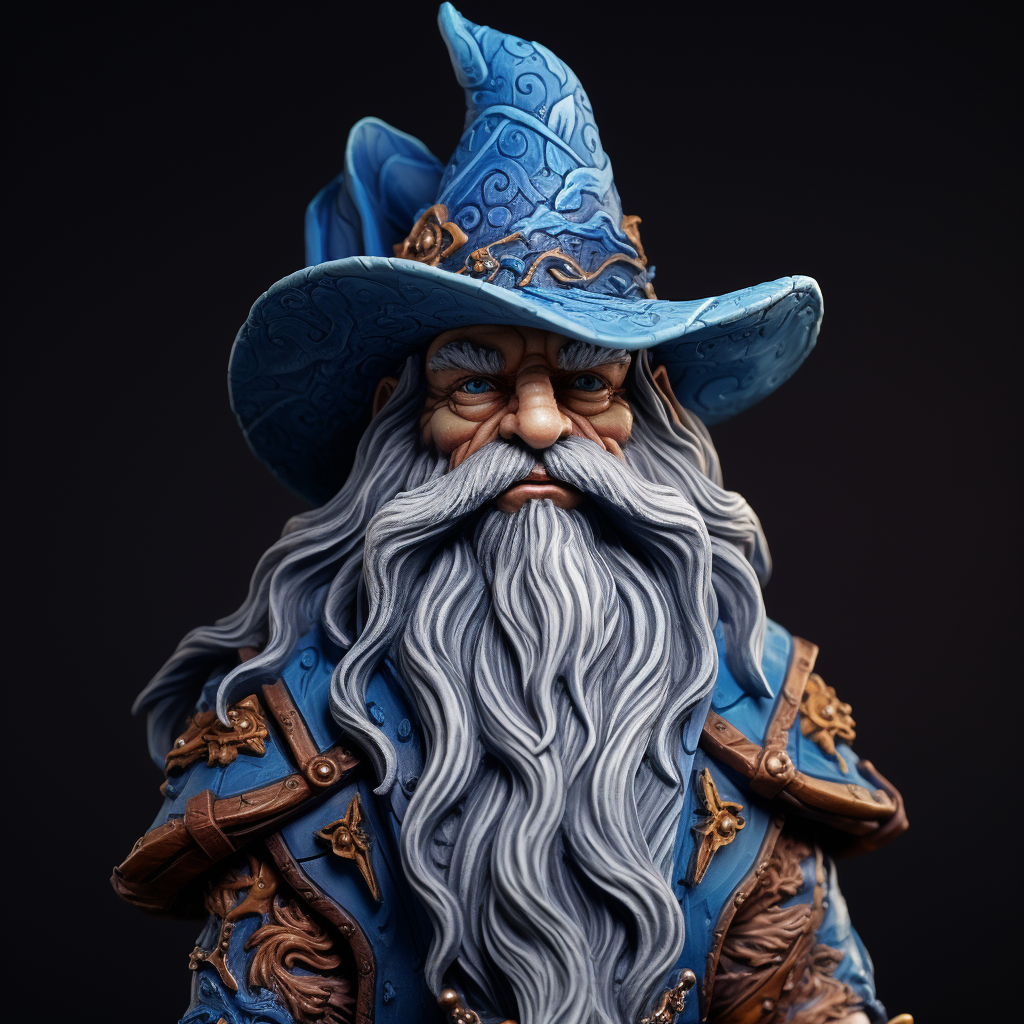 Blue-skinned gnome with black beard and spell book