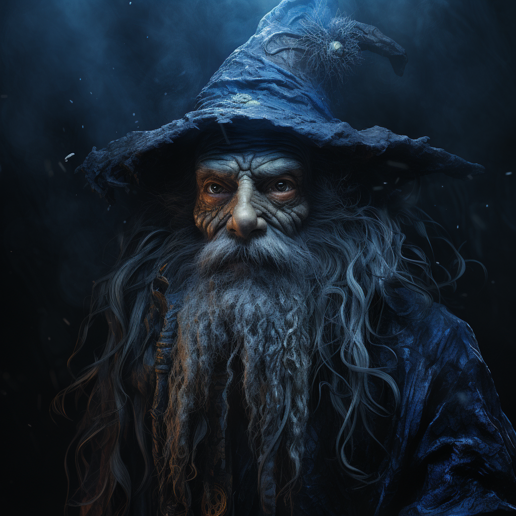 Blue-skinned gnome in pirate costume with spell book