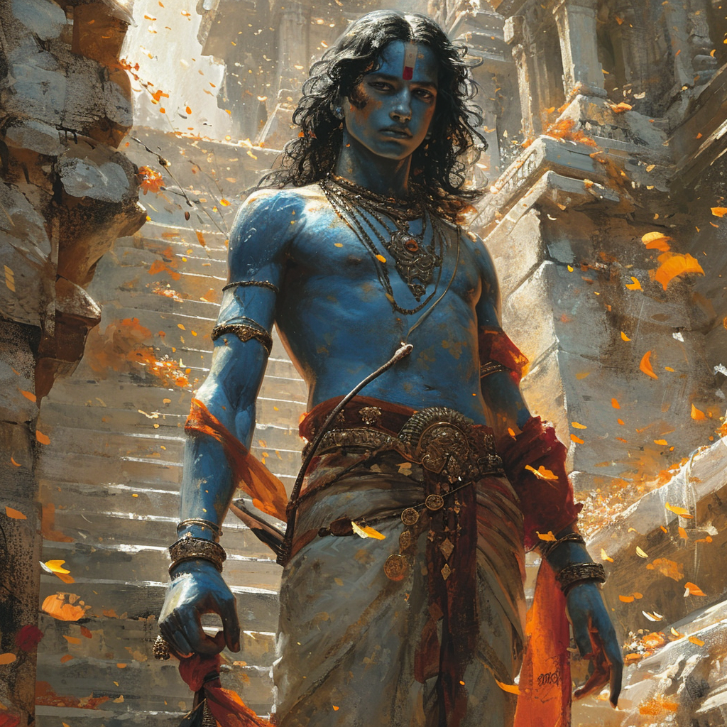 Handsome blue-skinned Hindu Prince Rama climbing stairs