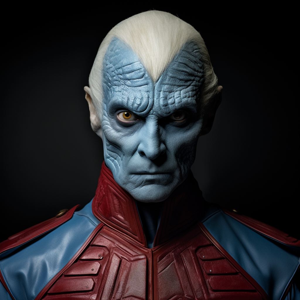 Blue-skinned human in red uniform with unique features