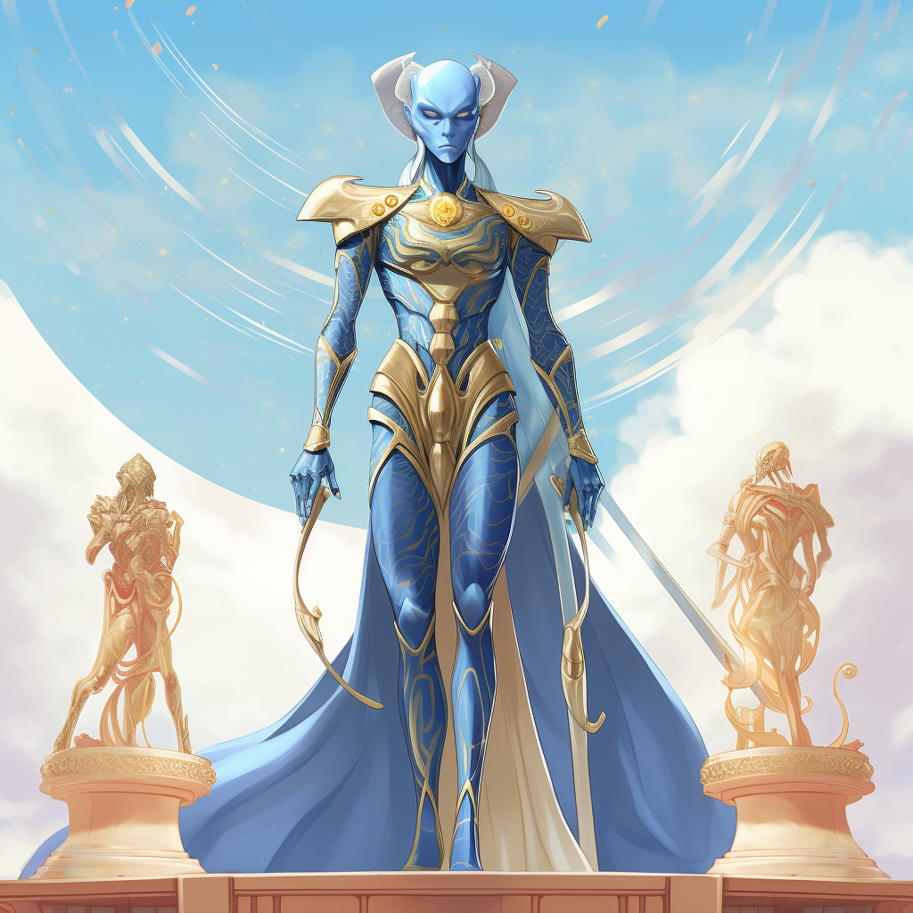 Blue-skinned humanoid alien victorious in anime style.