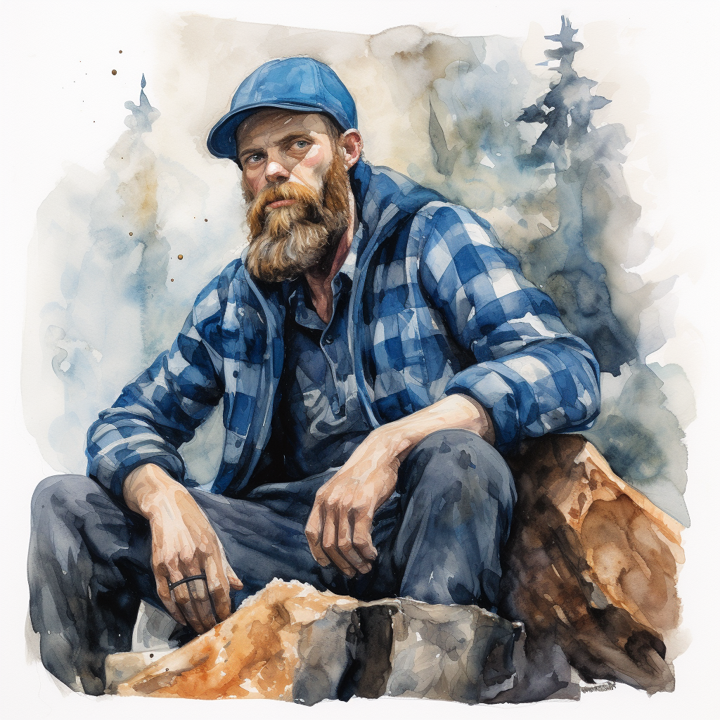 Watercolor depiction of a unique blue-skinned lumberjack